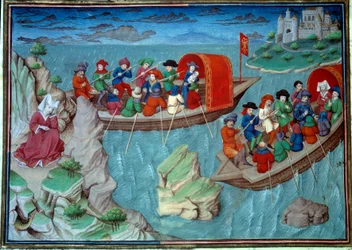 Frederico II (1194-1250) do Sacro Império deixou a Sicília com sua suíte em miniatura retirada de um manuscrito em francês do “Decameron” de Giovanni Boccaccio dit Jean Boccaccio (1313-1375), escritor italiano, iluminado pelo Mestre da Mansel. 1450. Par