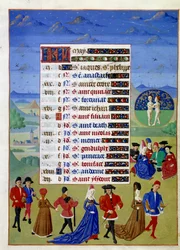 Maio: os cortesãos caminham. Página de manuscrito iluminada retirada do "Livro de Horas da Duquesa de Borgonha, Adelaide de Sabóia" pelo Mestre de Adelaide de Sabóia (século XV) e pelo Mestre de Jean Rolin (século XV).