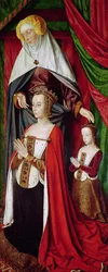 O retábulo de Bourbon, painel da direita representando St. Anne apresentando Anne de France (1476-1514) e sua filha, Suzanne de Bourbon (1491-1521) c.1498
