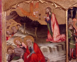 Cristo no Jardim das Oliveiras, um anjo comunga, pelo Mestre de Rubio (século XIV), predella do retábulo da Igreja de Santa Maria, Rubio, pintando sobre madeira.