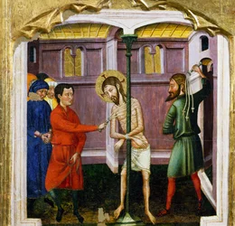 A flagelação, pelo Mestre de Rubio (século XIV), predella do retábulo da Igreja de Santa Maria, Rubio, pintura sobre madeira.