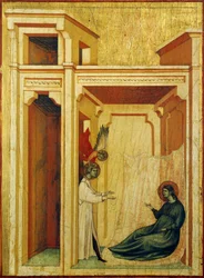 Anjo coroando Valeriana com rosas e lírios, detalhe do retábulo representando Lenda de Santa Cecília, cerca de 1304, pelo Mestre de Santa Cecília (activo no início do século XIV), tempera em painel e folha de ouro estampada, 85x181 cm