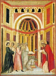 Bispo Urbano baptizando Tiburcio, detalhe do retábulo da Lenda de Santa Cecília, cerca de 1304, pelo Mestre de Santa Cecília (activo no início do século XIV), tempera em painel e folha de ouro estampada, 85x181 cm