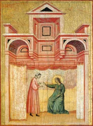 Cecília persuadindo o seu marido Valeriana ao baptismo, detalhe do retábulo representando Lenda de Santa Cecília, cerca de 1304, pelo Mestre de Santa Cecília (activo no início do século XIV), tempera em painel e folha de ouro estampada, 85x181 cm