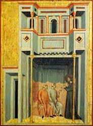 Santa Cecília e Valeriano convertendo Tibúrcio, detalhe do retábulo representando a Lenda de Santa Cecília, por volta de 1304, do Mestre de Santa Cecília (ativo início do século XIV), têmpera sobre painel e folha de ouro estampada, 85x181 cm