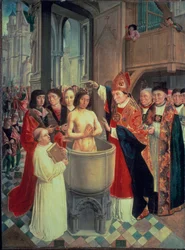 O batismo de Clóvis I, em Reims, por São Remi, em 25/12/496 (ou 499), c. 1490-1510 (óleo sobre painel)