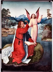 Episódio da vida de São João Evangelista: “” São João a Patmos”” (Vida de São João Evangelista, São João em Patmos) Pintura do mestre de São João Evangelista (São João Evangelista) (final do século XV) Dim 120x90 cm Genes, Musei di Strada Nuo