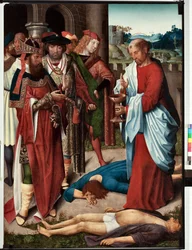 Episódio da vida do evangelista São João: “O milagre da taça de veneno” (Vida de São João evangelista, São João bebe uma taça de veneno) Pintura do mestre de São João evangelista (São João Evangelista) (final do séc. século) Dim 120x90 cm Gen
