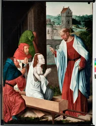 Episódio da vida de São João evangelista: “” A ressurreição de Drusiana”” (Vida de São João evangelista, a ressurreição de Drusiana) Pintura do mestre de São João evangelista (São João Evangelista) (final do século XV) Dim 120x90 cm Genes,