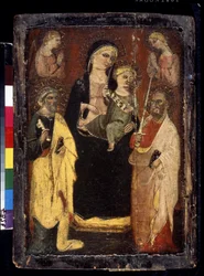 "Madonna and Child enthroned with Saints Peter and Paul" Pintura sobre madeira pelo mestre de San Jacopo a Muciano (século XV) Museu Pushkin, Moscovo