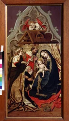 A Adoração dos Magos. A Adoração dos Magos. Pintura pelo Mestre do Castelo de Lichtenstein, pintor austríaco (activo 1430-1450), ca. 1440. Óleo sobre madeira. Pushkin Museum of Fine Arts, Moscovo