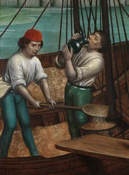 Detalhe do Milagre do Grão, do Altar de São Nicolau, c.1486-93 (óleo sobre painel)