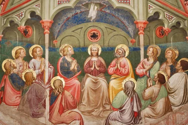"O Pentecostes", Detalhe com os santos orantes e a Virgem Maria, e a pomba, c.1420 (fresco)