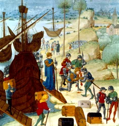 Rei eduardo iii, chegando em saint vaast la hogue em 12 de julho de 1346, ilustração do chroniques dAngleterre