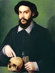 Retrato de um cavalheiro com a mão direita apontando para um crânio, c.1540