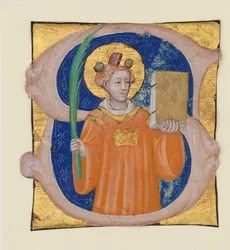 Iluminação do manuscrito com Santo Estêvão em um S inicial, de um antifônico, ca. 1410-20.