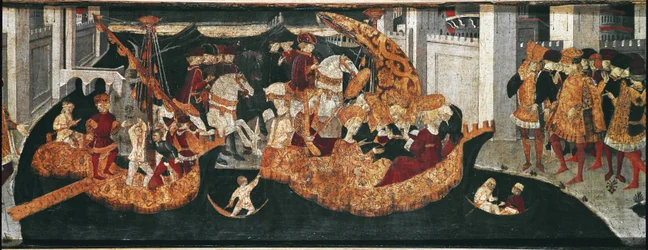 Decameron de Boccaccio (Jean Boccaccio): o Chatelain Pericone recebe Alatiel, filha do sultão da Babilónia Beminedab e a sua suite na ilha de Maiorca (Pericone da Visalgo recebe Alatiel, filha de Beminedab, o sultão da Babilónia, em hi