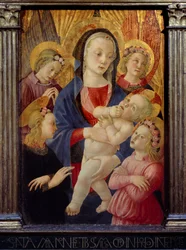 A virgem e a criança rodeadas por quatro anjos. Pintura do Mestre da Natividade de Castello Ec. Ital.