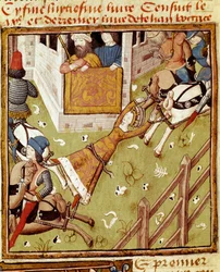 A tortura do Brunehaut: Brunehaut ou Brunehilde (543-613), prisioneiro de Clotaire (Clothaire) II, é dilacerado por cavalos que atraem seus membros de cada lado - Miniatura do Mestre do Campeão das Senhoras do manuscrito "Des hommes illustres" 15