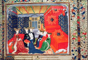 Harl 4431 fol.3 Christine de Pisan apresentando seu livro à Rainha Isabel da Baviera, dos poemas de Christine de Pisan, c.1410-15 (velino)