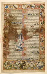 Add. 28841, f.1, cercaduras geométricas de página inteira de losangos, medalhões e quadrifólios povoados por animais e cenas figurativas: aves, répteis e animais, incluindo leões a atacar outras criaturas e aves a lutar entre si, um galo, uma coruja, uma
