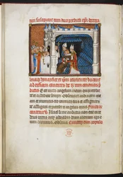 Cotton Tiberius B. VIII f.44v Os bispos de Reims e Beauvais levantam o rei do tálamo, de «O Livro da Coroação de Carlos V, Rei de França»