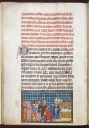 Cotton Tiberius B. VIII f.47v O rei despe as vestes exteriores, ilustração de «O Livro da Coroação de Carlos V, Rei de França»