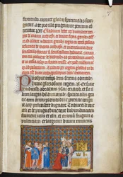 Cotton Tiberius B. VIII f. 49r O rei oferece a espada sobre o altar, ilustração de O Livro da Coroação de Carlos V, rei de França