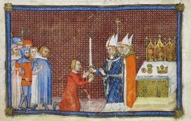 Cotton Tiberius B. VIII f. 49v O arcebispo de Reims devolve a espada ao rei, ilustração de O Livro da Coroação de Carlos V, rei de França