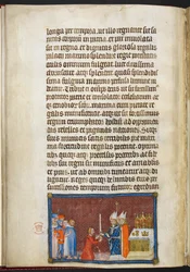 Cotton Tiberius B. VIII f. 49v O arcebispo de Reims devolve a espada ao rei, ilustração de O Livro da Coroação de Carlos V, rei de França