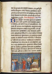 Cotton Tiberius B. VIII f.50r O rei entrega a espada ao senescal (duque de Anjou), de «O livro da coroação de Carlos V, rei de França»
