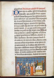 Cotton Tiberius B. VIII f.55v O rei recebe a unção das mãos, de «O livro da coroação de Carlos V, rei de França»