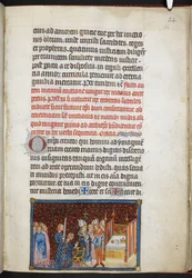 Cotton Tiberius B. VIII f.56r O arcebispo de Reims benze as luvas do rei, de «O livro da coroação de Carlos V, rei de França»