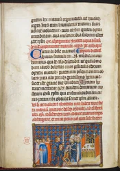 Cotton Tiberius B. VIII f.56v O arcebispo de Reims coloca as luvas nas mãos do rei, de «O livro da coroação de Carlos V, rei de França»