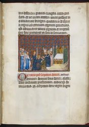 Cotton Tiberius B. VIII f.58r O rei recebe o cetro e a vara («Main de la Justice»), de «O Livro da Coroação de Carlos V, Rei de França»