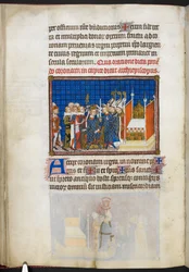 Cotton Tiberius B. VIII f.59v, Os pares de França sustentam a coroa, ilustração de «O livro da coroação de Carlos V, rei de França»