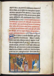 Cotton Tiberius B. VIII f.63r Os pares de França conduzem o rei ao trono sobre o sólio, de «O Livro da Coroação de Carlos V, Rei de França»