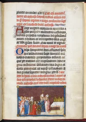 Cotton Tiberius B. VIII f.69r A rainha recebe o cetro e a vara, de «O Livro da Coroação de Carlos V, Rei de França»