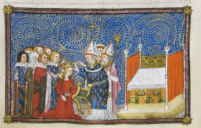 Cotton Tiberius B. VIII f.69v O arcebispo de Reims coloca a coroa na cabeça da rainha e os barões sustentam a sua coroa, ilustração de «O Livro da Coroação de Carlos V, Rei de França»