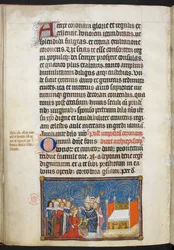 Cotton Tiberius B. VIII f.69v, O arcebispo de Reims coloca a coroa na cabeça da rainha e os barões sustentam a sua coroa, ilustração de «O livro da coroação de Carlos V, rei de França»