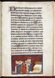 Cotton Tiberius B. VIII f.70r Barões sustentam a coroa da rainha, de «O Livro da Coroação de Carlos V, Rei de França»
