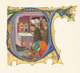 T inicial com um grupo de monges beneditinos cantando diante de um altar de onde sai água