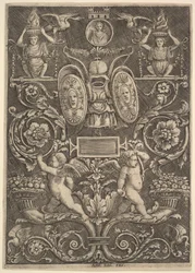 Um painel de ornamento, putti de pé sobre cornucópia na secção inferior, 1530-60.