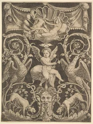 Um painel de ornamento com um putto no centro segurando um moinho de vento, 1532.