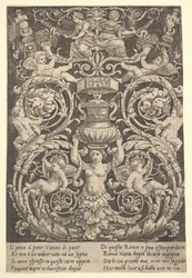 Um painel de ornamento com uma mulher segurando um vaso no centro, 1532.