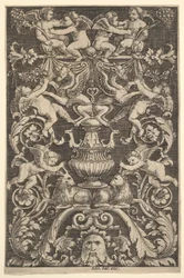 Um painel de ornamento com putti, cabra e outras figuras, 1530-60.