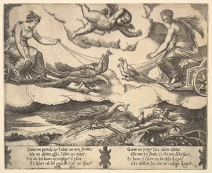 Alegoria do casamento e do amor, Juno numa carruagem puxada por pavões à esquerda, Vénus numa ..., 1530-60