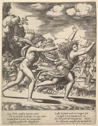 Apollo a perseguir a Daphne que levanta os braços, no fundo à direita mostra o mome..., 1530-60.
