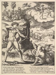 Apollo à esquerda atirando uma pitão com uma seta, acima à esquerda está a musa..., 1530-60.