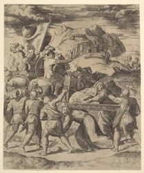 Cristo carregando a cruz cercado por soldados, vários a cavalo, 1530-60.
